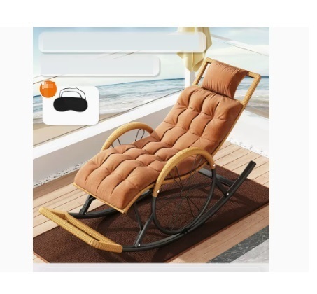 Popular leisure lazy folding chair (gold color - upgraded wide rattan, upgraded and thickened headrest + chair cushion + floor mat + eye mask)