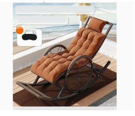 Popular leisure lazy folding chair (wood grain color - upgraded wide rattan, upgraded and thickened headrest + chair cushion + floor mat + eye mask)