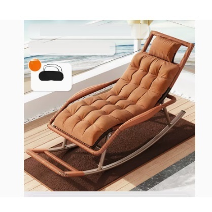 Popular leisure lazy folding chair (red coffee color - standard round rattan headrest + chair cushion + floor mat + eye mask)
