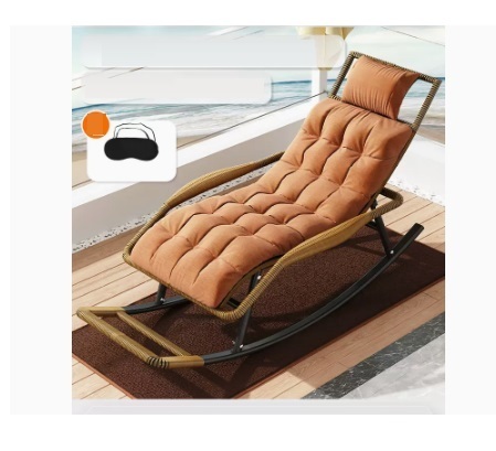 Popular leisure lazy folding chair (champagne gold-standard round rattan headrest + chair cushion + floor mat + eye mask)