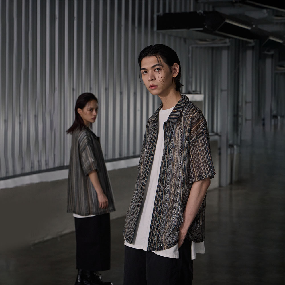 Braided contrast cutout Cuban collar shirt M/L/XL【01025316】in stock+pre-order