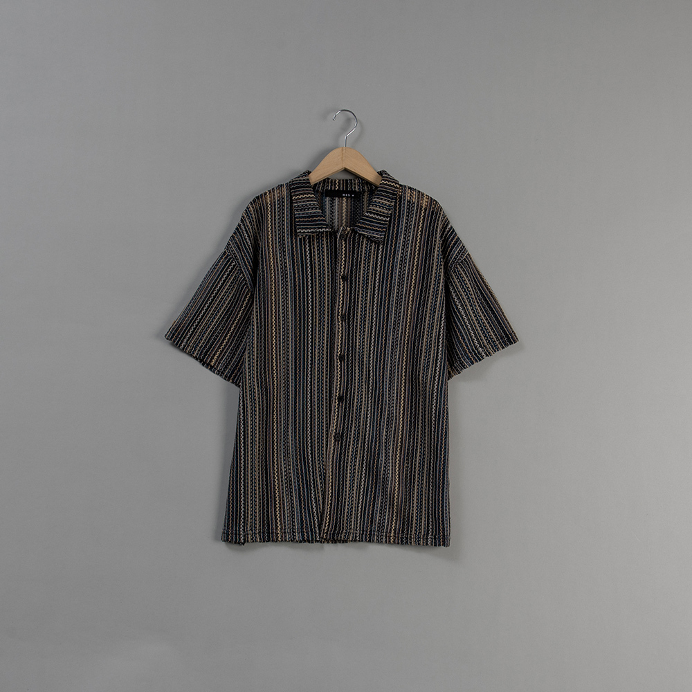 Braided contrast cutout Cuban collar shirt M/L/XL【01025316】in stock+pre-order