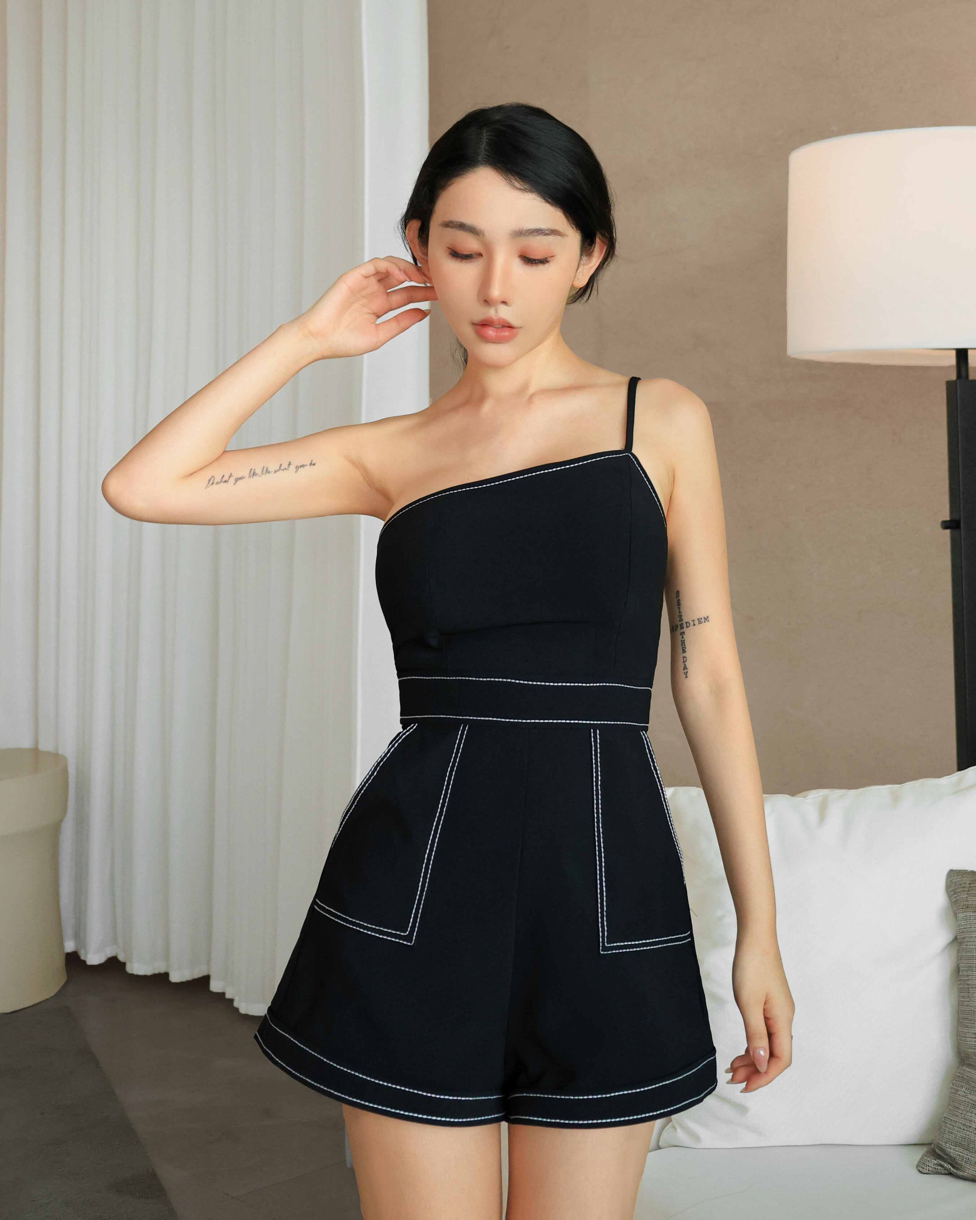 ⭒訂製-質感車線單肩連身短褲