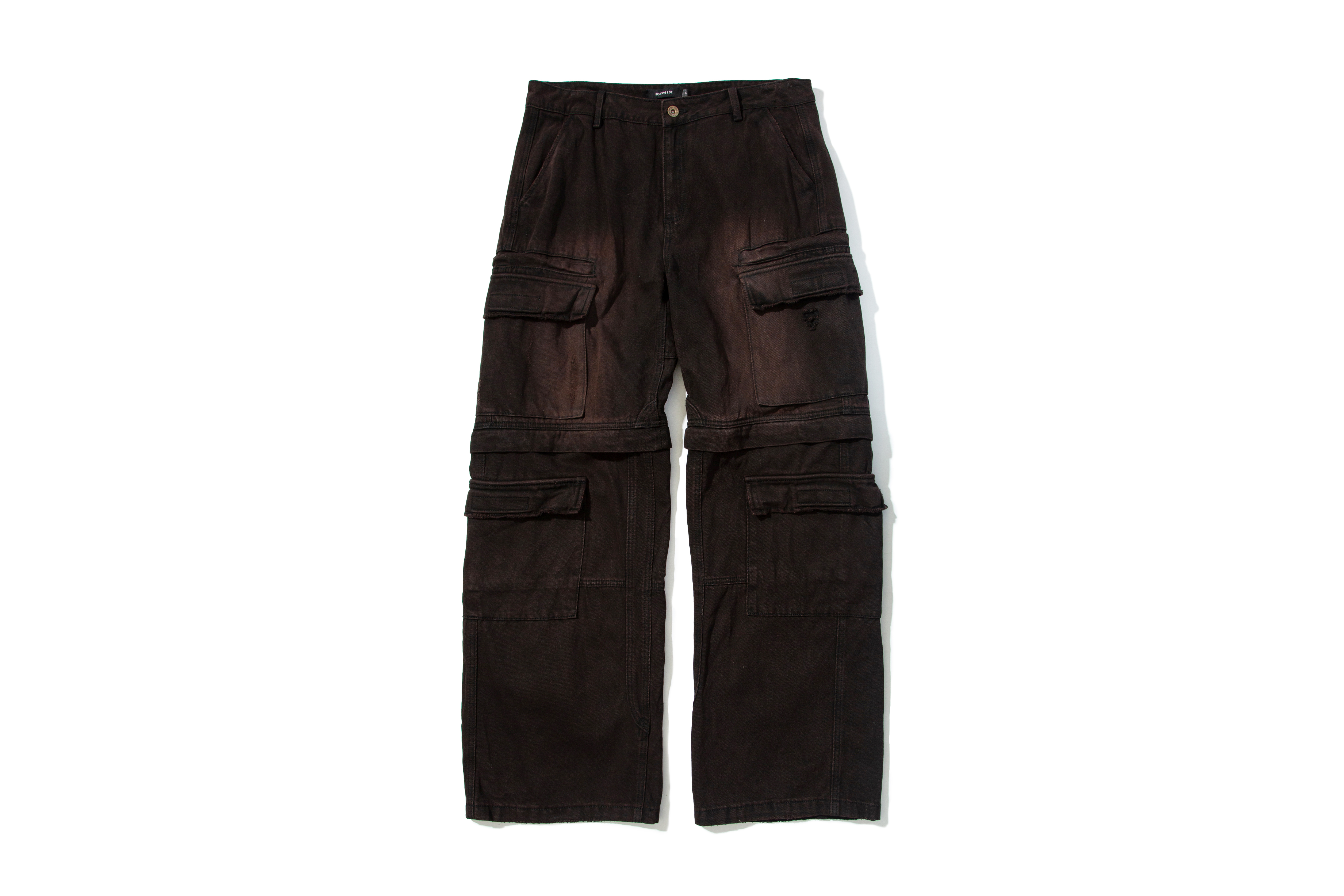 REMIX "Washed Zip-Off Denim Cargo Pants" (Dark brown)