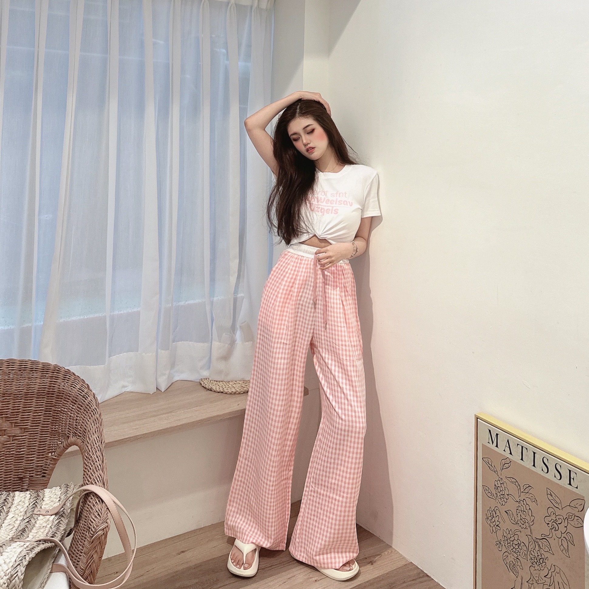 膠印棉t+格紋寬褲套裝/二色