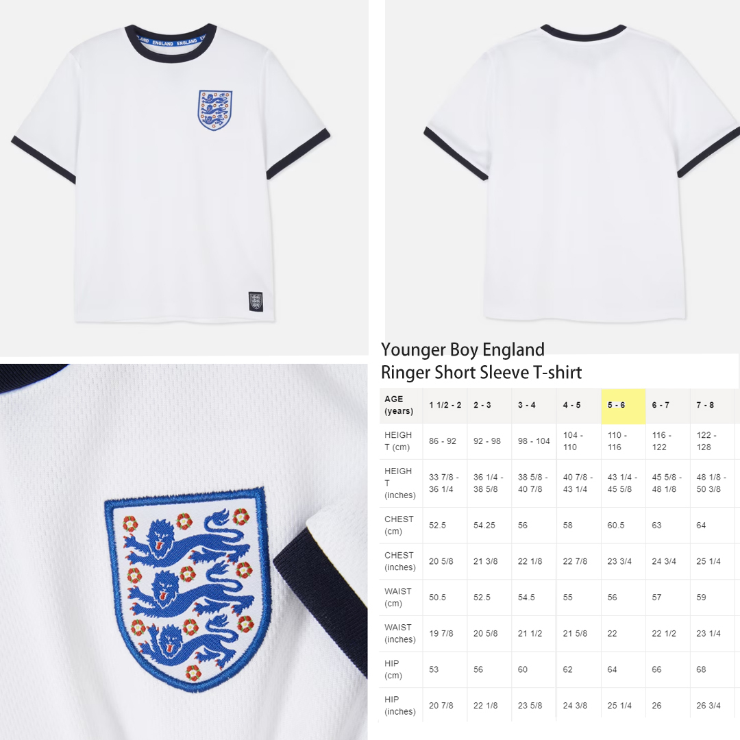 經典英格蘭三獅徽章圓領和短袖Tee (5-6歲) - 請參閱尺寸表