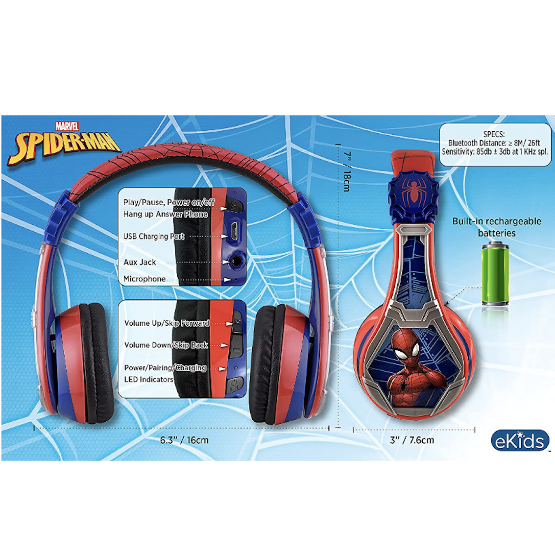 美國 SpiderMan Headphone 藍牙耳機 (內置 Microphone)