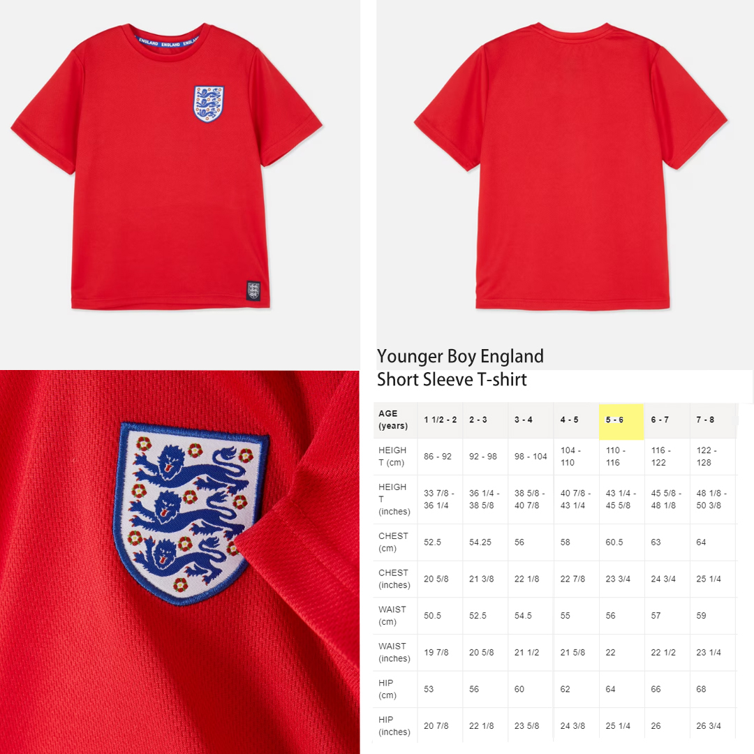 紅色英格蘭三獅徽章圓領和短袖Tee (5-6歲) - 請參閱尺寸表