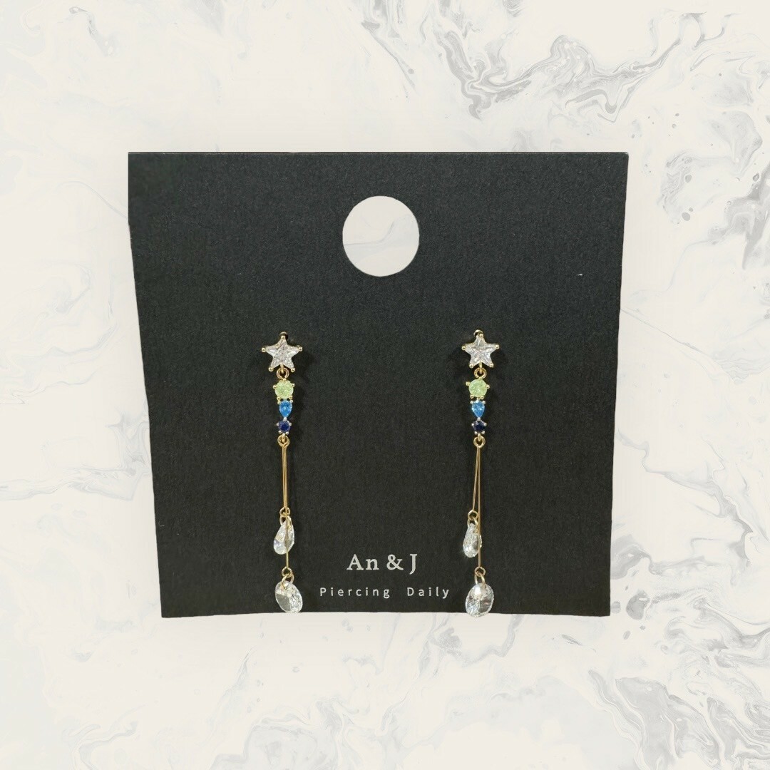 韓國直送-銀針 星星鋯吊淡綠+藍水滴鋯+深藍鋯吊金直線吊裸水滴鋯