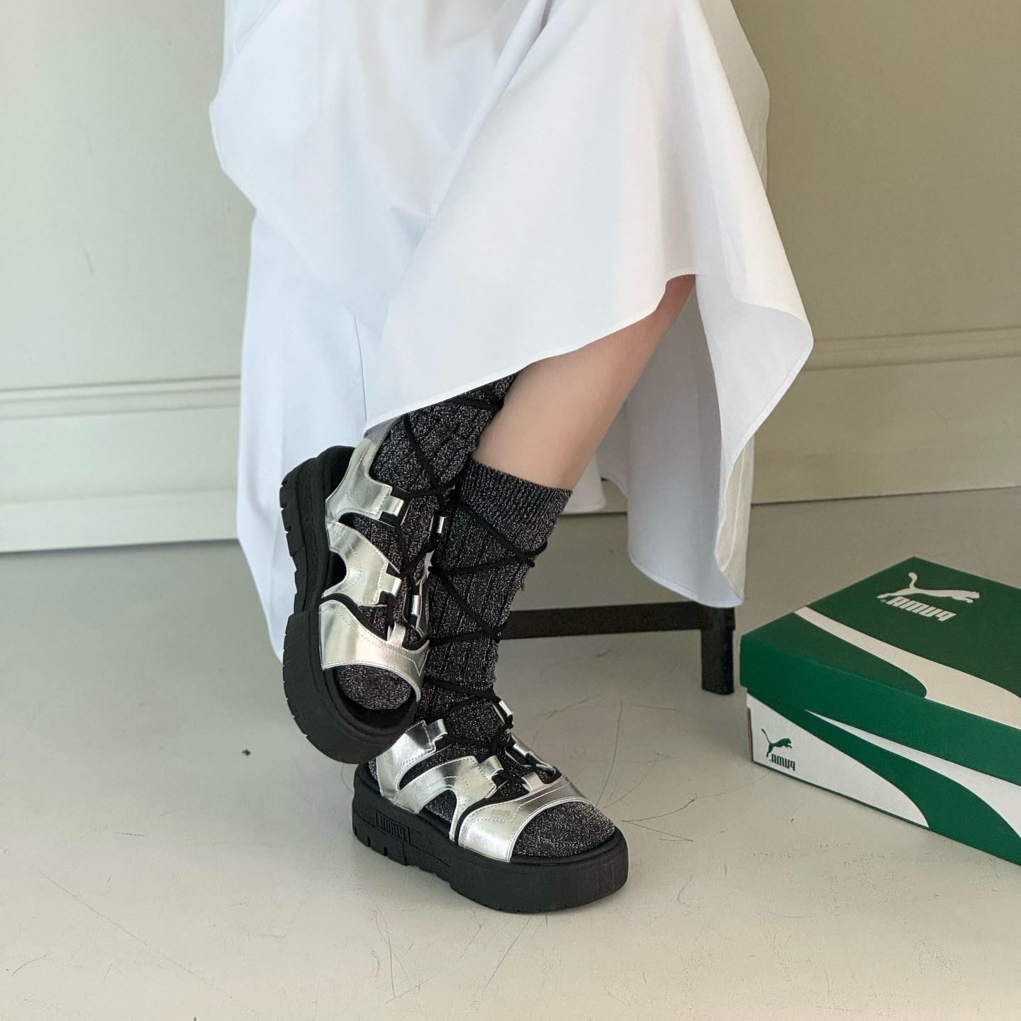 PUMA Mayze Sandal Metallic Y2K風格 銀色 黑色 厚底 增高 羅馬 涼拖鞋 39950201