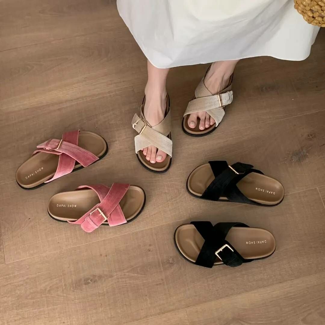 金絲絨交叉拖鞋