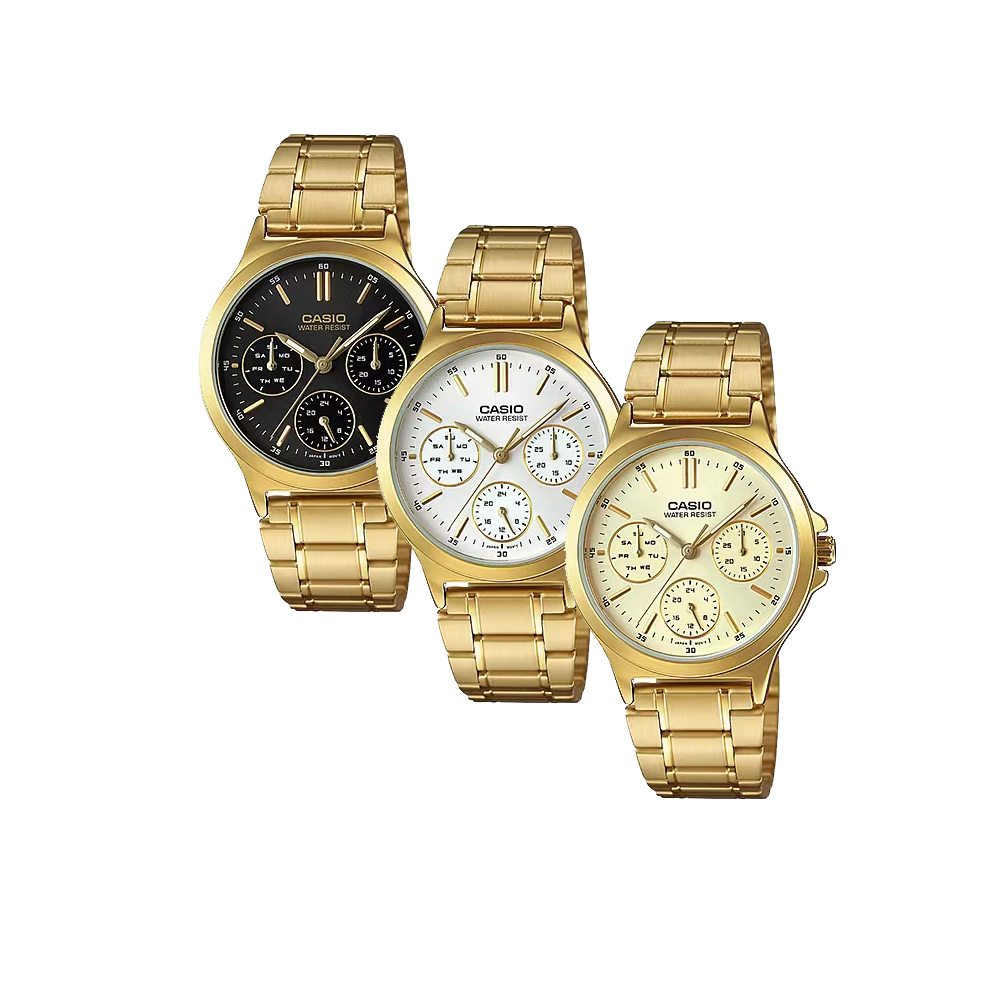 【CASIO 卡西歐】LTP-V300G 三針三眼 日期星期 復古簡約無字 不鏽鋼 小款對錶 女錶