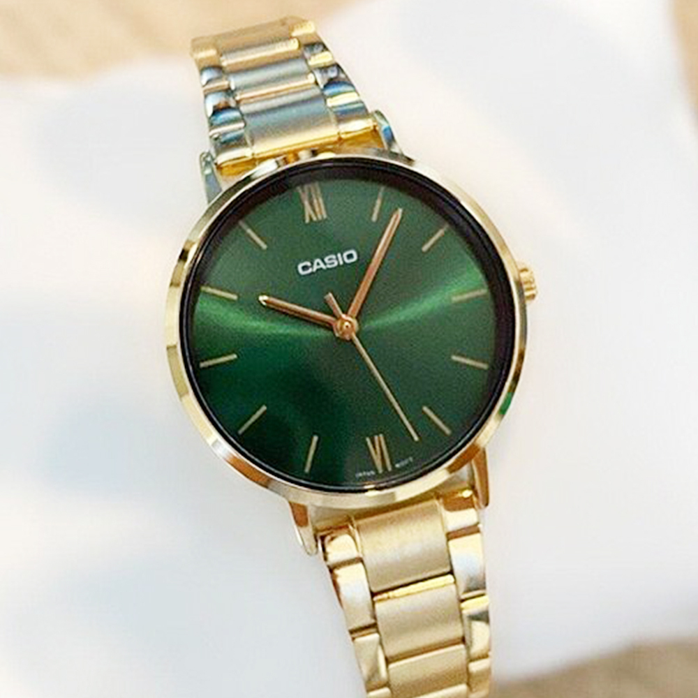 【CASIO卡西歐】LTP-VT02G 氣質復古 簡約無字 高雅綠金 寬面無字 女款 手錶 腕錶 小款對錶