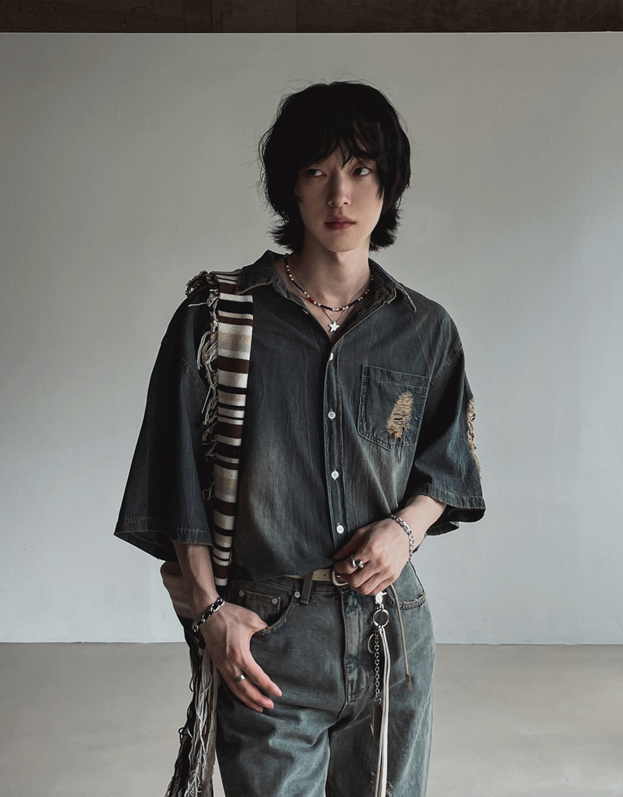 煙色牛仔短袖襯衫