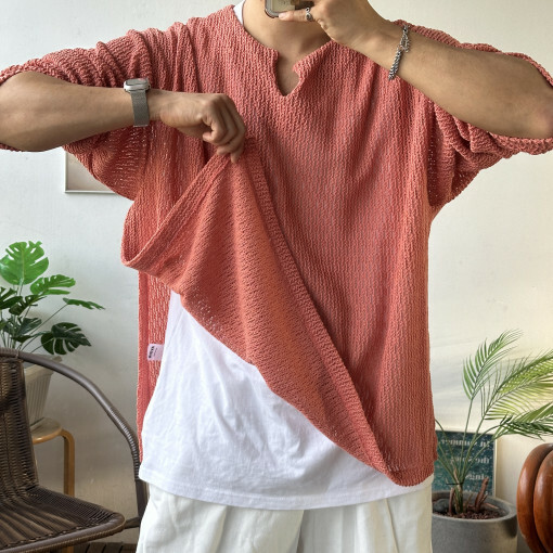 側開叉透視圓領針織衫上衣