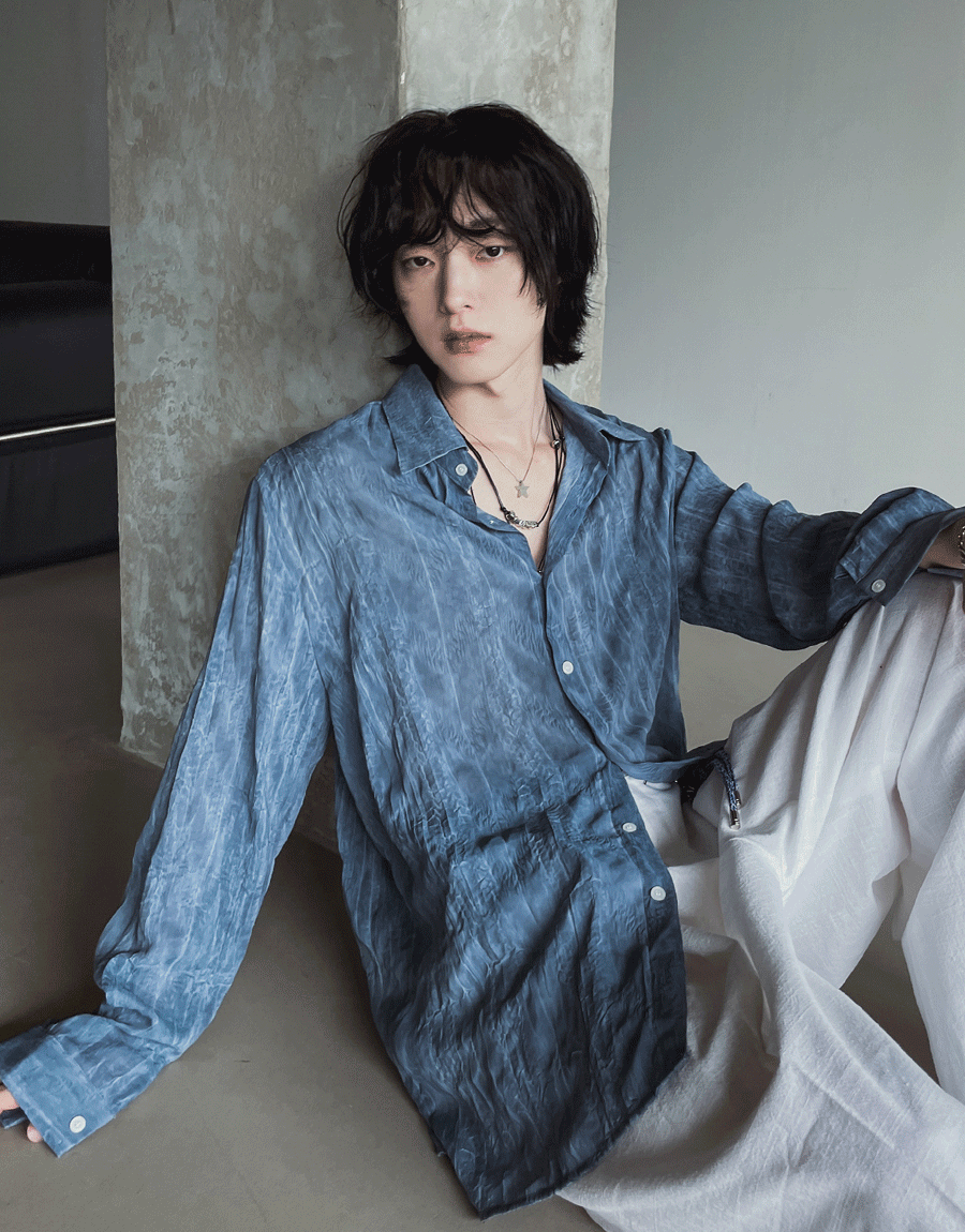 褶皺感染色水洗襯衫