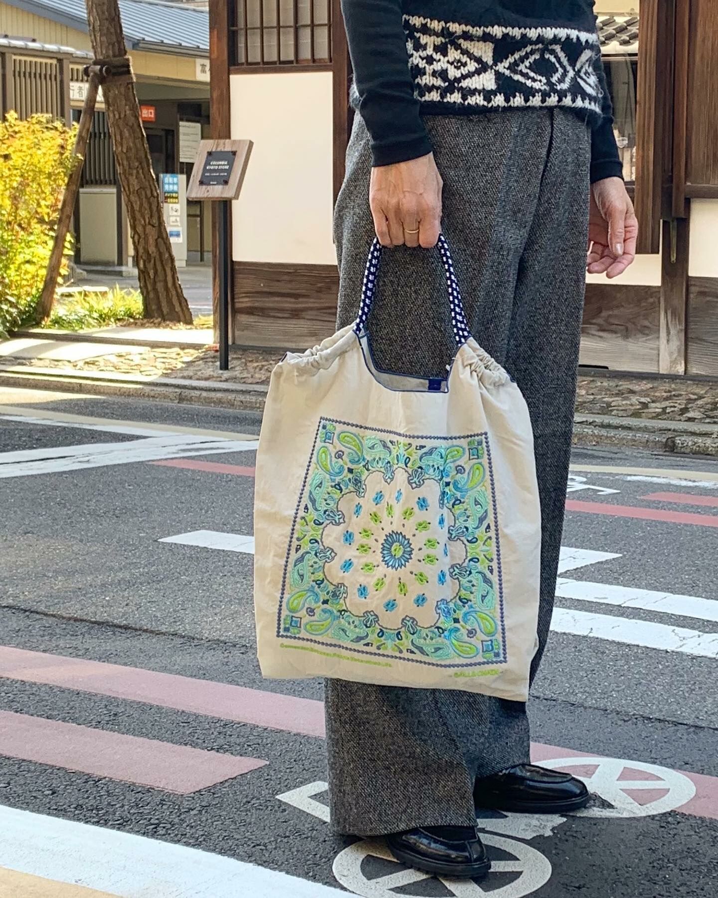 Ball＆Chain 刺繡環保購物袋 M號 - 白/綠 (30100827)