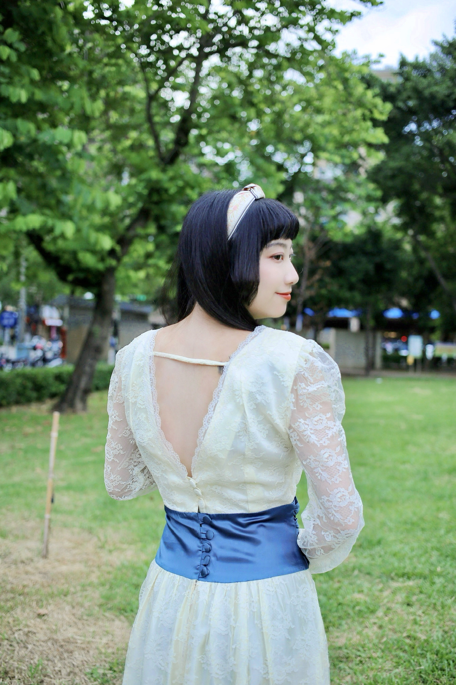 Vintage Wedding Dress/古著藍色腰封古董蕾絲齊地婚紗