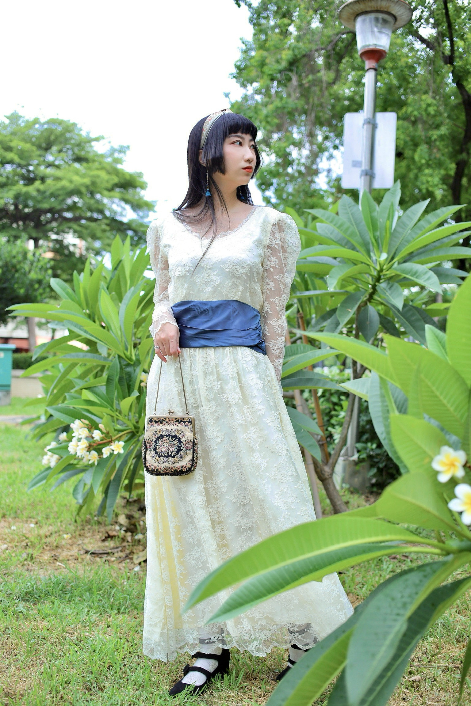 Vintage Wedding Dress/古著藍色腰封古董蕾絲齊地婚紗