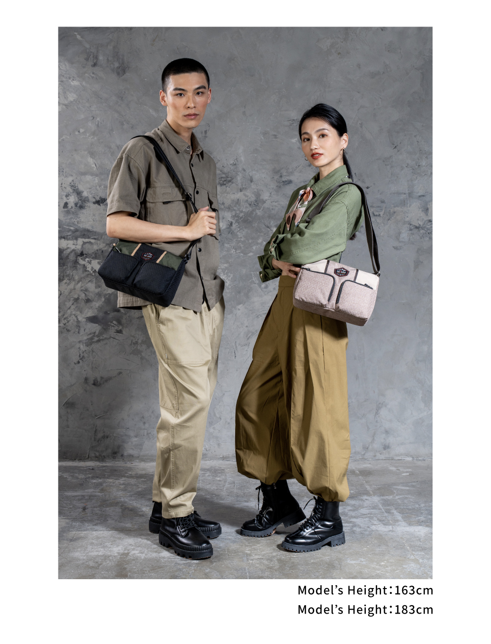 satana Explore 探索城市斜背包 奶茶色拼接 SOSE0030-421男女穿搭照