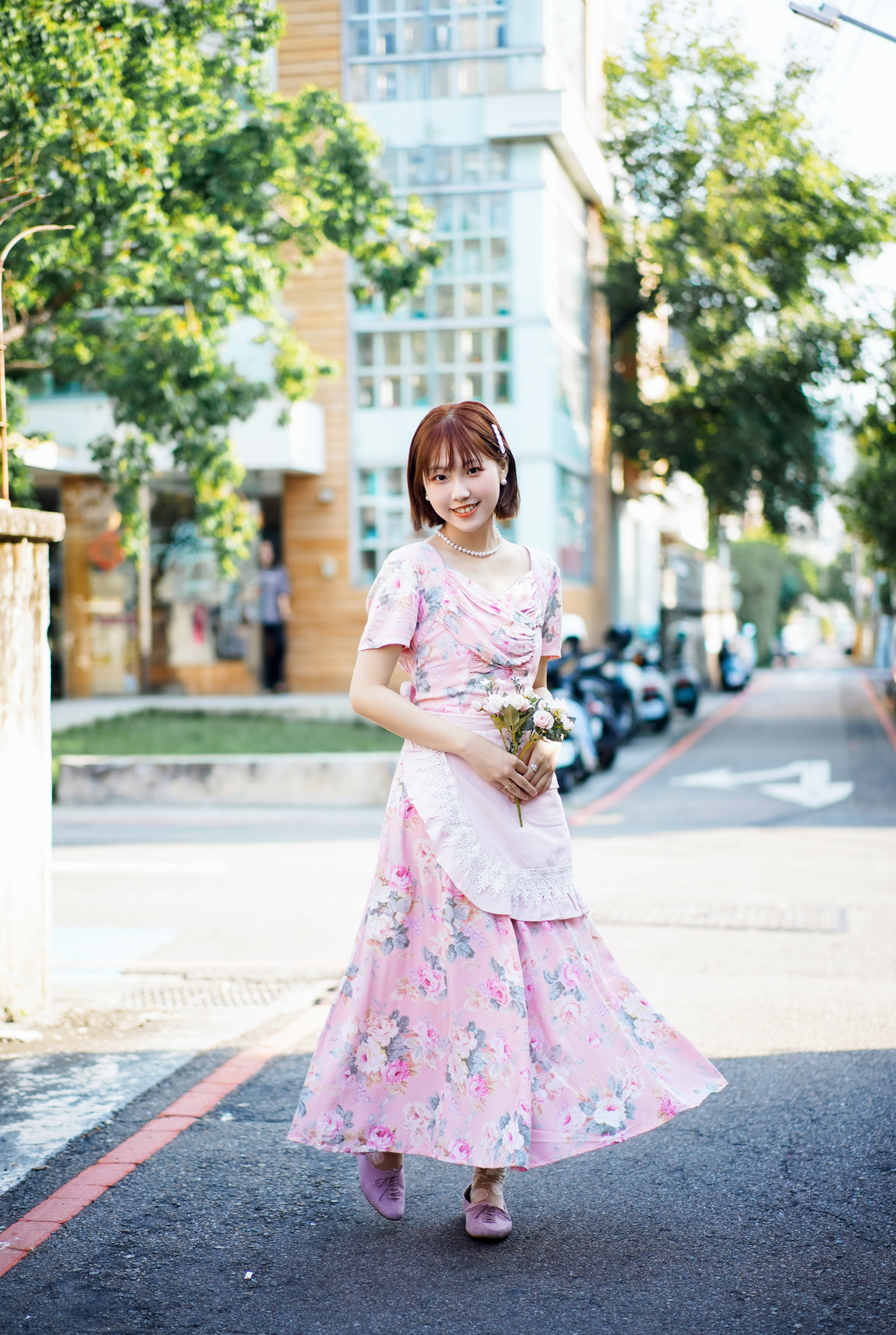 Vintage Dress/古著粉色前抓皺花卉洋裝