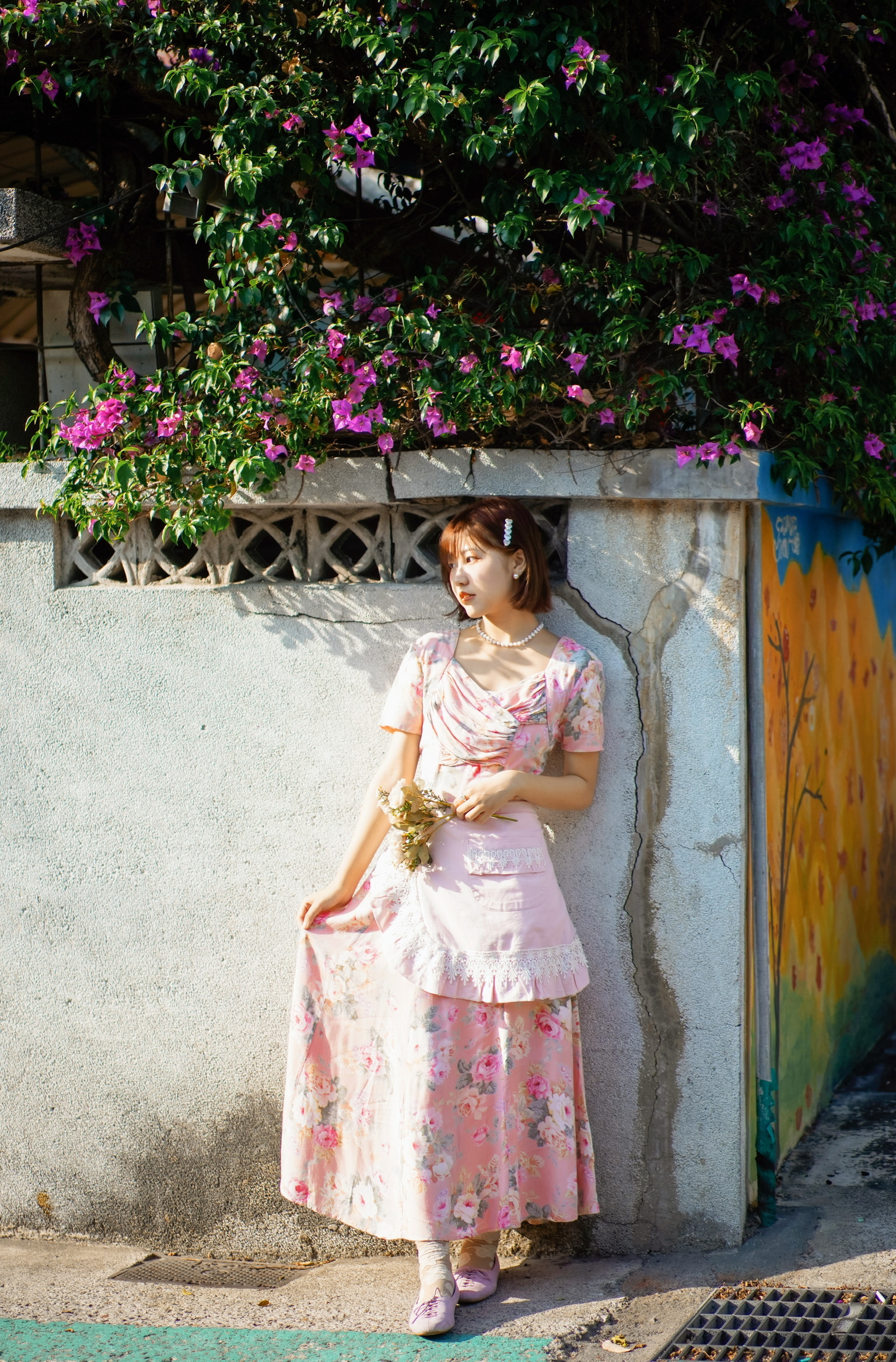 Vintage Dress/古著粉色前抓皺花卉洋裝