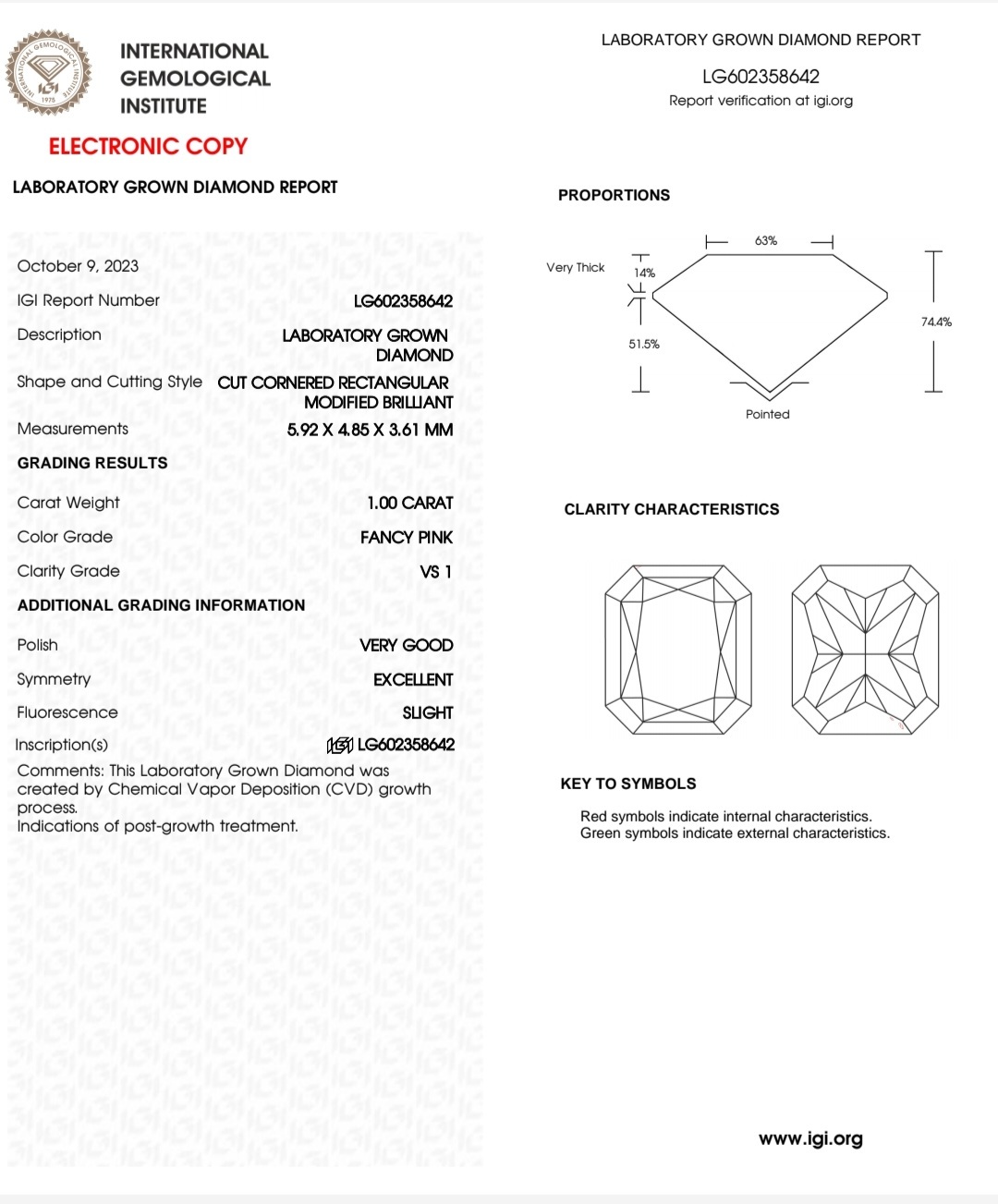 IGI 培育粉紅鑽石 1.00 F.P VS1 VG EX SLIGHT