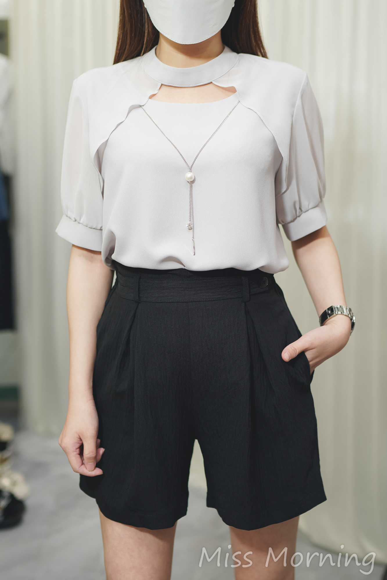 高質有款一字領雪紡上衣(14014)