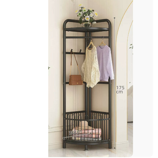 Hotly recommended multifunctional clothes drying rack, coat rack, simple hanging wardrobe, clothes drying rack [Corner coat rack-dirty clothes basket-classic black]