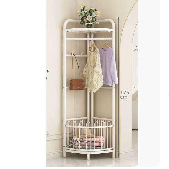 Hot recommended multifunctional clothes drying rack, coat rack, simple hanging wardrobe, clothes drying rack [Corner coat rack-dirty clothes basket-elegant white]