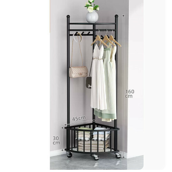 Hot recommended multifunctional clothes drying rack, coat rack, simple hanging wardrobe, clothes drying rack [corner coat rack-storage basket-classic black-with wheels]