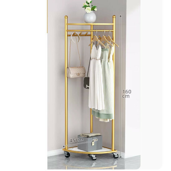 Hotly recommended multifunctional clothes drying rack, coat rack, simple hanging wardrobe, clothes drying rack [corner coat rack-storage board-gold-with wheels]