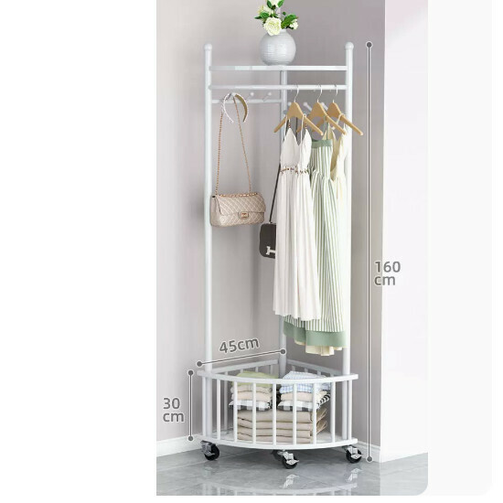 Hot recommended multifunctional clothes drying rack, coat rack, simple hanging wardrobe, clothes drying rack [corner coat rack-storage basket-elegant white-with wheels]