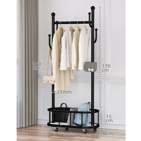 Hot recommended multi-functional clothes drying rack, coat rack, simple hanging wardrobe, clothes drying rack [obsidian black 60cm [4 hook mesh basket storage] extra thick tube]
