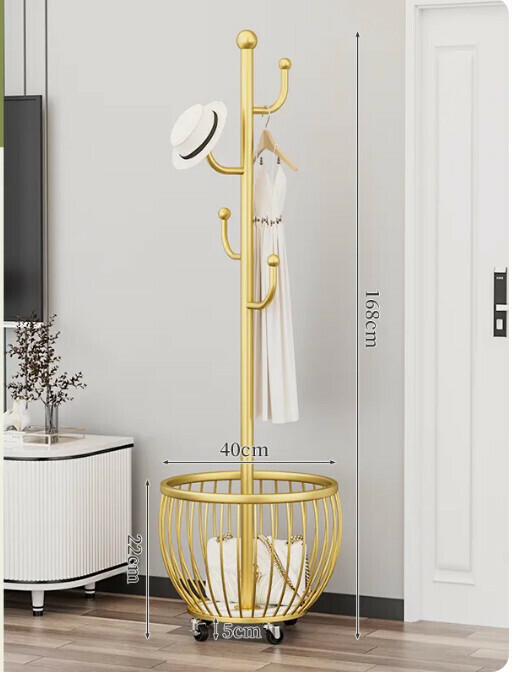 Hotly recommended multifunctional coat rack, clothes drying rack, simple hanging wardrobe, clothes drying rack [Model A, light luxury gold-cactus 4-hook mesh basket storage-universal wheel]