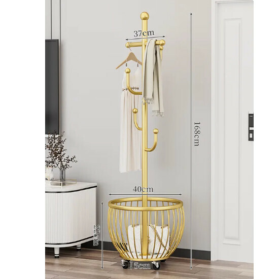 Hotly recommended multifunctional coat rack, clothes drying rack, simple hanging wardrobe, clothes drying rack [Model B, light luxury gold-upgraded crossbar 4-hook mesh basket storage-universal wheels]