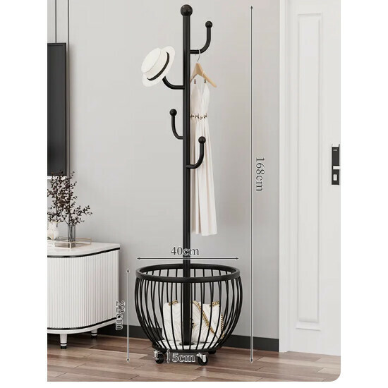 Hotly recommended multifunctional coat rack, clothes drying rack, simple hanging wardrobe, clothes drying rack [Model A, Obsidian Black-Cactus 4-hook mesh basket storage-universal wheel]