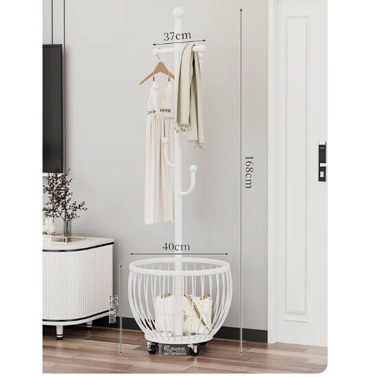 Hotly recommended multi-functional coat rack, clothes drying rack, simple hanging wardrobe, clothes drying rack [Model B, beautiful white - upgraded crossbar, 4 hooks, mesh basket storage - universal wheels]