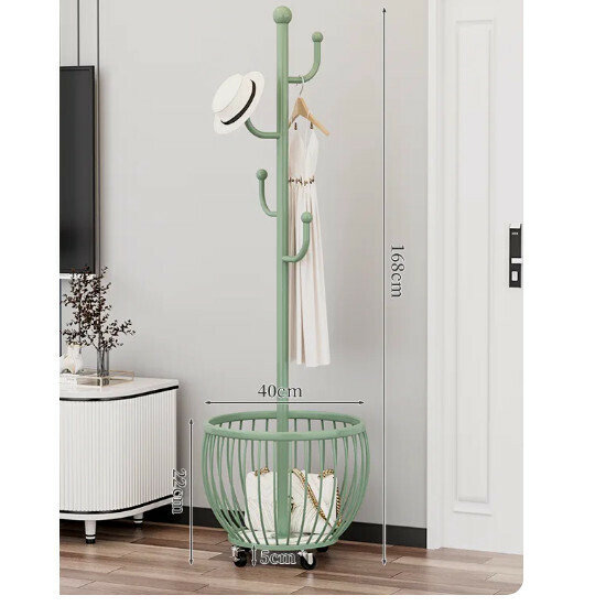 Hotly recommended multifunctional coat rack, clothes drying rack, simple hanging wardrobe, clothes drying rack [Model A, Nordic Green - Cactus 4-hook mesh basket storage - universal wheels]
