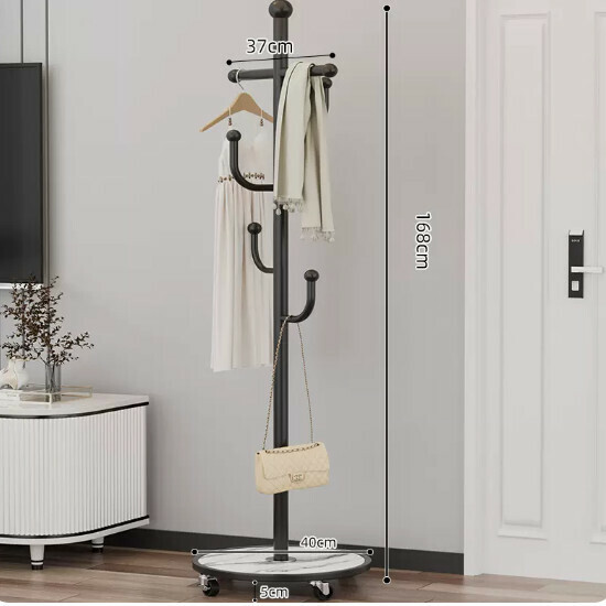 Hotly recommended multifunctional coat rack, clothes drying rack, simple hanging wardrobe, clothes drying rack [Basic model - obsidian black - crossbar 4 hooks - universal wheel]
