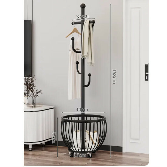 Hotly recommended multifunctional coat rack, clothes drying rack, simple hanging wardrobe, clothes drying rack [Model B, Obsidian Black - Upgraded crossbar, 4 hooks, mesh basket storage - universal wheels]
