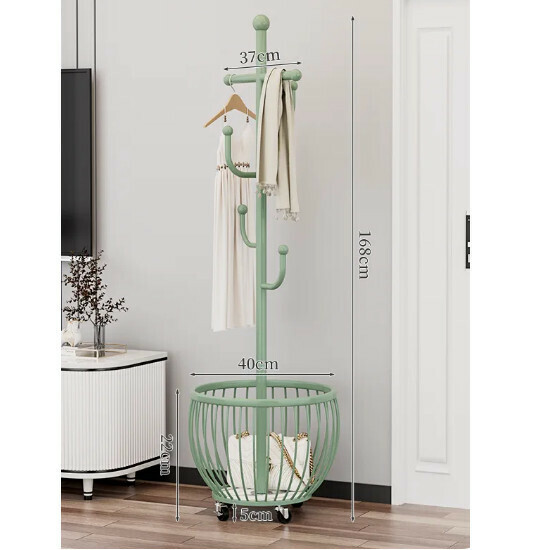 Hotly recommended multi-functional coat rack, clothes drying rack, simple hanging wardrobe, clothes drying rack [Model B Nordic Green - Upgraded crossbar 4-hook mesh basket storage - universal wheels]