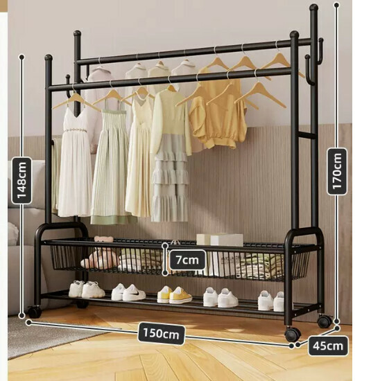 Hotly recommended multifunctional coat rack, clothes drying rack, simple hanging wardrobe, clothes drying rack [black 150CM-double pole 25 diameter-double-layer mesh basket storage-silent wheel (can hang about 140 pieces)]