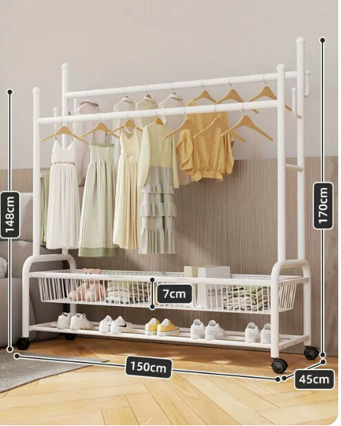 Hotly recommended multifunctional coat rack, clothes drying rack, simple hanging wardrobe, clothes drying rack [white 150CM-double pole 25 diameter-double-layer mesh basket storage-silent wheel (can hang about 140 pieces)]
