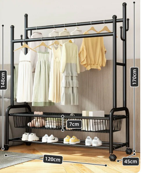 Hotly recommended multifunctional coat rack, clothes drying rack, simple hanging wardrobe, clothes drying rack [Black 120CM-double pole 25 diameter-double-layer mesh basket storage-silent wheel (can hang about 120 pieces)]