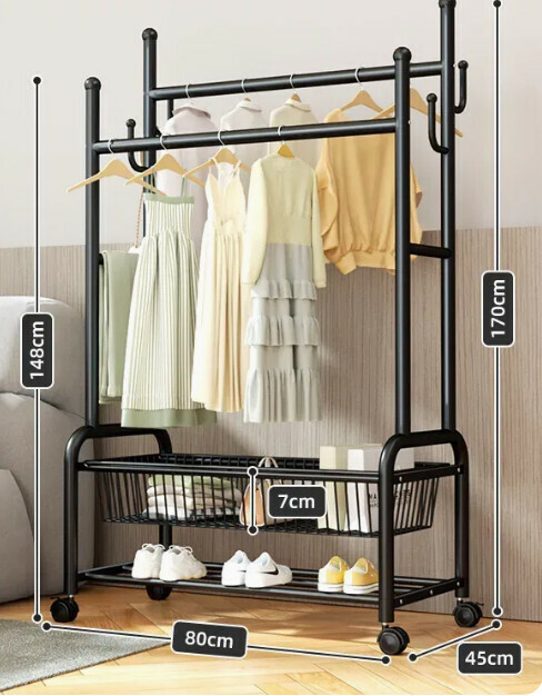 Hotly recommended multi-functional coat rack, clothes drying rack, simple hanging wardrobe, clothes drying rack [Black 80CM-double pole 25 pipe diameter-double-layer mesh basket storage-silent wheel (can hang about 80 pieces)]