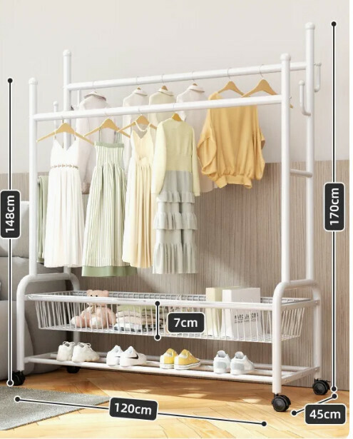 Hotly recommended multifunctional coat rack, clothes drying rack, simple hanging wardrobe, clothes drying rack [white 120CM-double pole 25 pipe diameter-double-layer mesh basket storage-silent wheel (can hang about 120 pieces)]