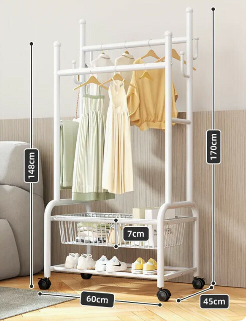 Hotly recommended multi-functional coat rack, clothes drying rack, simple hanging wardrobe, clothes drying rack [white 60CM-double pole 25 diameter-double-layer mesh basket storage-silent wheel (can hang about 60 pieces)]