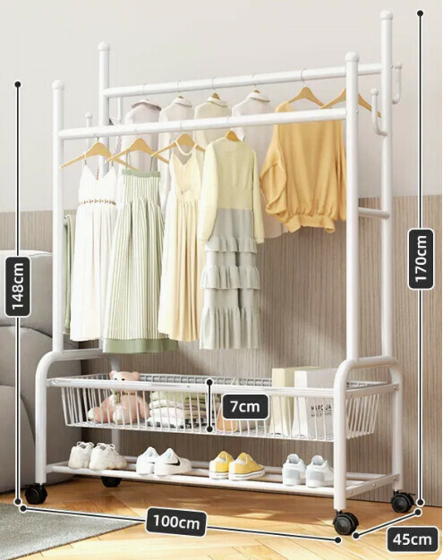 Hotly recommended multifunctional coat rack, clothes drying rack, simple hanging wardrobe, clothes drying rack [white 100CM-double pole 25 pipe diameter-double-layer mesh basket storage-silent wheel (can hang about 100 pieces)]