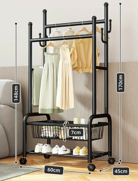 Hotly recommended multifunctional coat rack, clothes drying rack, simple hanging wardrobe, clothes drying rack [Black 60CM-double pole 25 diameter-double mesh basket storage-silent wheel (can hang about 60 pieces)]